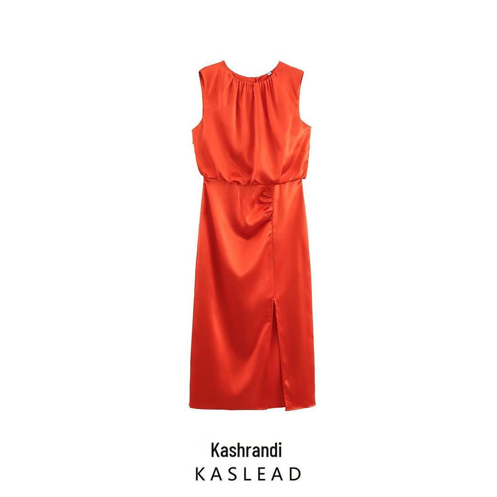 2025 Spring Women's European & American Style Pleated Satin Midi Dress with Decorative Buckle