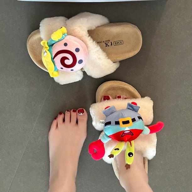 Piaohong cartoon animation crab boss snail fluffy slippers women 2025 autumn and winter new non-slip heightening cotton slippers