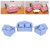 3Pcs   Sofa Set Pine Cloth Double Sofa 2 Single Sofa Light Color Strip  ature Sofa for 1:12 Doll House