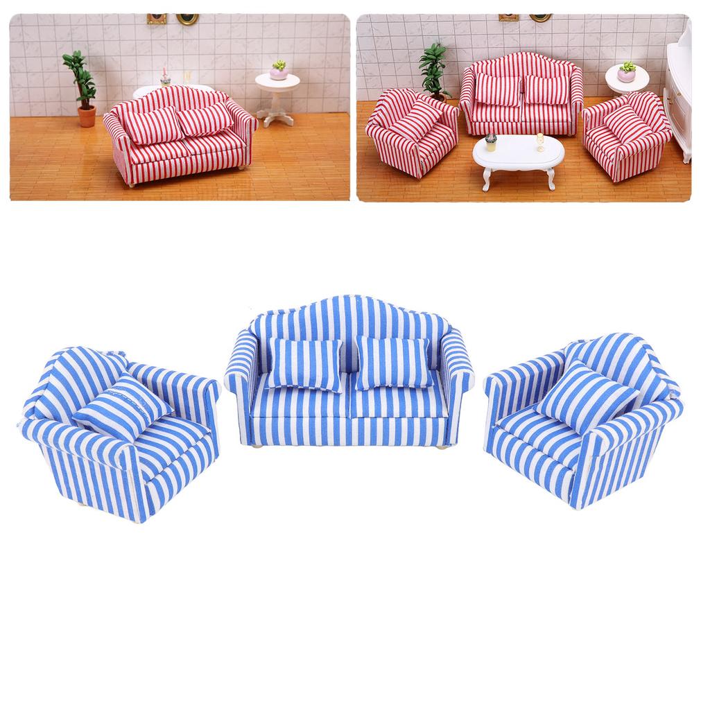 3Pcs   Sofa Set Pine Cloth Double Sofa 2 Single Sofa Light Color Strip  ature Sofa for 1:12 Doll House