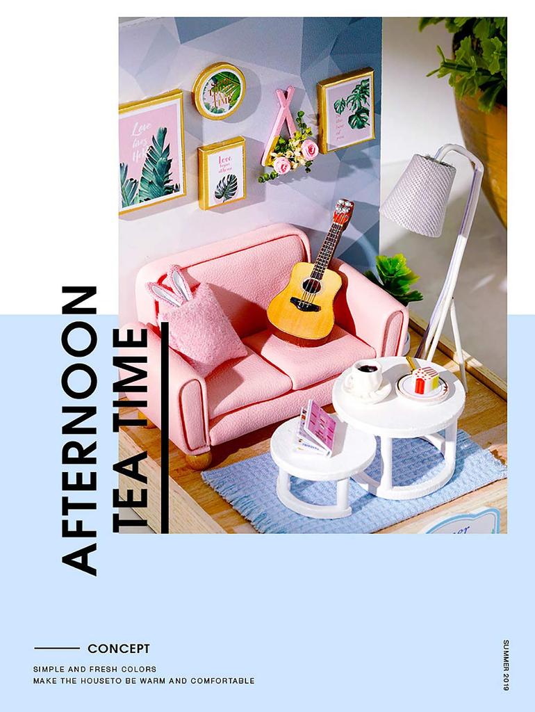 Moin Moin Scale Dollhouse Miniature DIY Kit Set Bunny House Collection for Beginners Pink Rabbit with Two Size Settings Includes LED Light and Acrylic