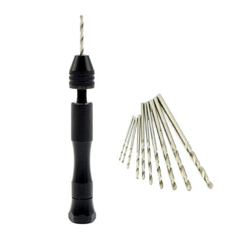 11pcs/set Mini Micro Aluminum Hand Drill With Keyless Chuck, 10 x Twist Drills Rotary Tools