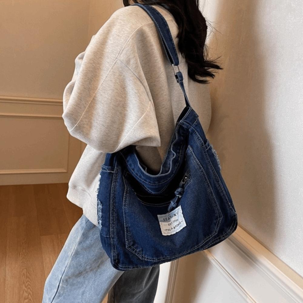Fashion Sewing Thread Denim Crossbody Bags Zipper Multi-pocket Denim Bag Large Capacity Versatile Commuting Bag Youth Women