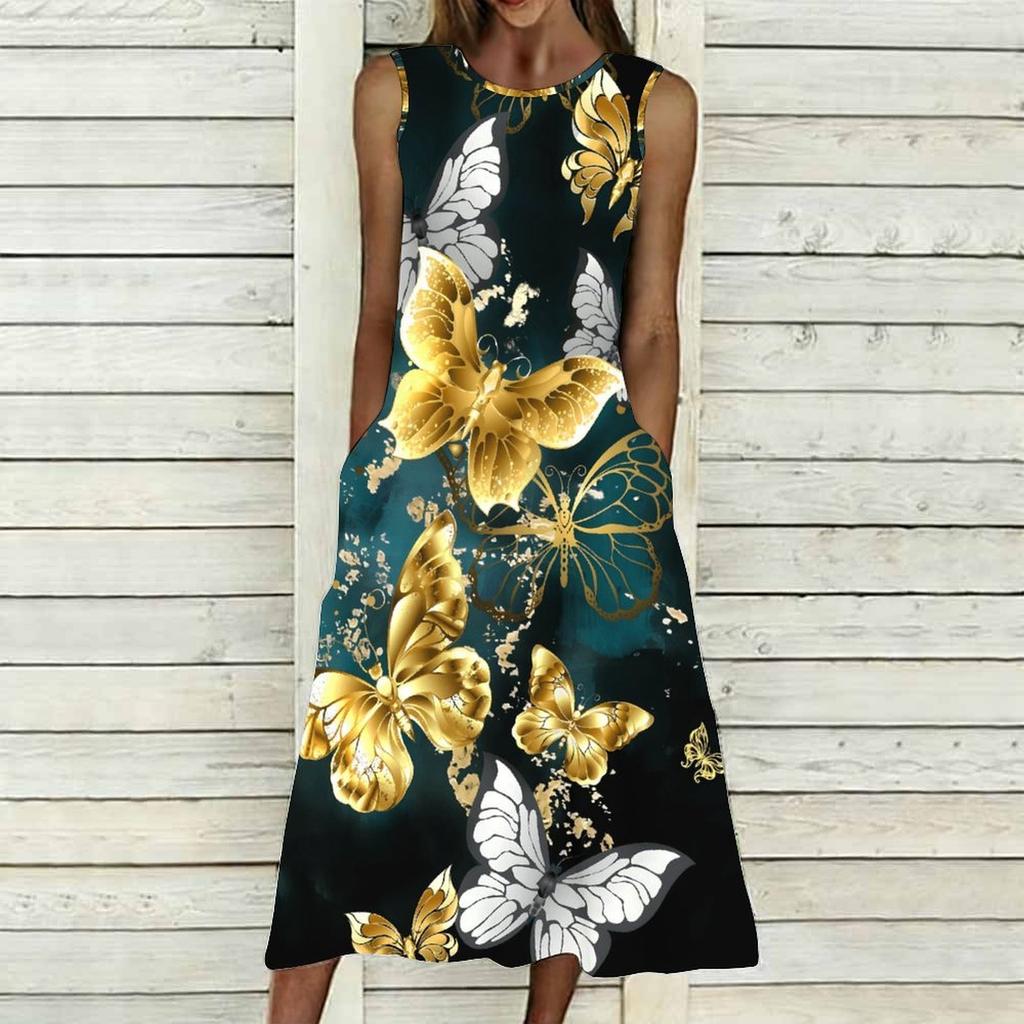 Plus Size Women Sleeveless Round Neck Dress Fresh Tiny Ditsy Floral Flowy Mid Length Gown