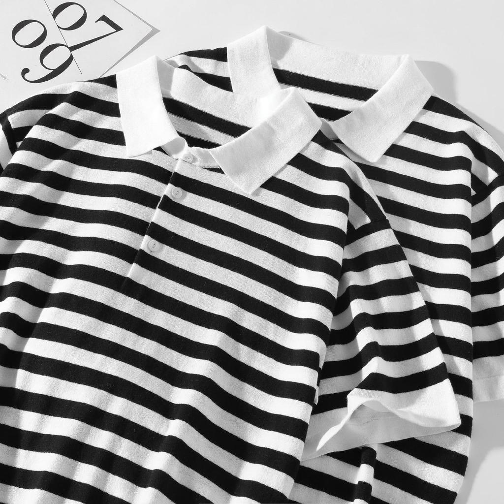 Vintage Black and White Striped Short Sleeve Polo Shirt
