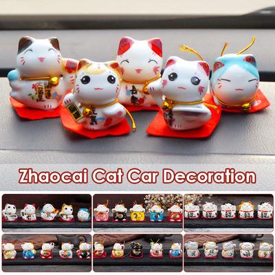 5pcs/Set Japanese Ceramic Lucky Cat Ornament Car Interior Home Decor Fortune Feng Shui Cute Mini Cartoon Figure Crafts