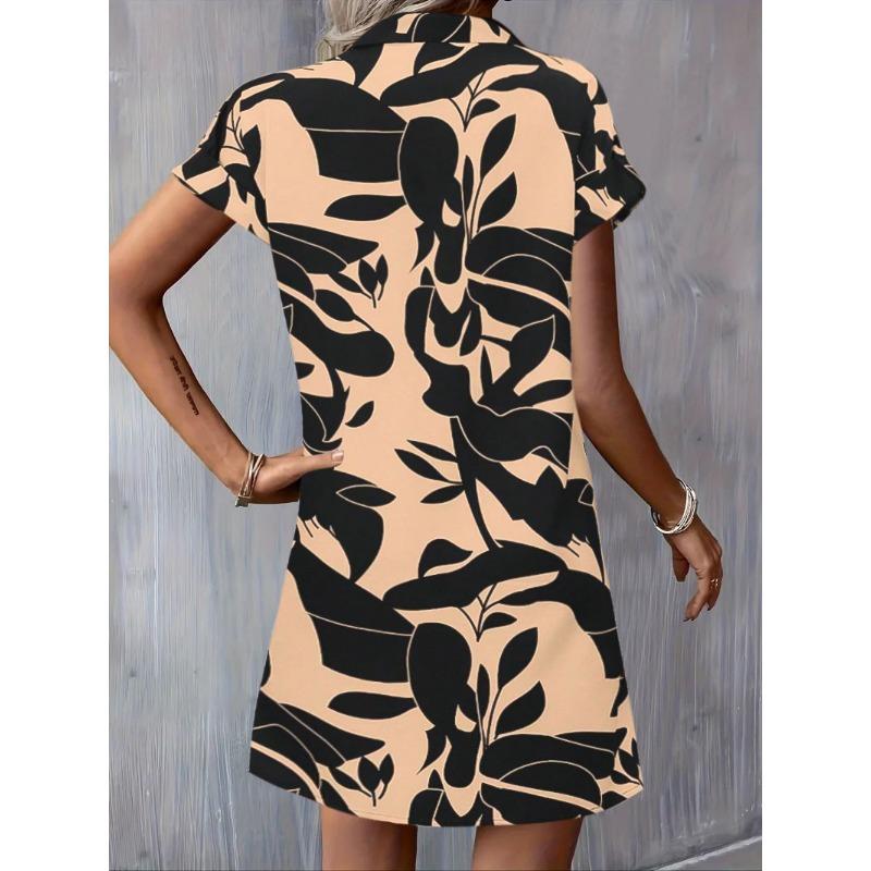 JKASHDK Damenmode Sommer Frühling Colour Block Print Kurzarm POLO-Kragen Lockere Taille Lässige Kleider