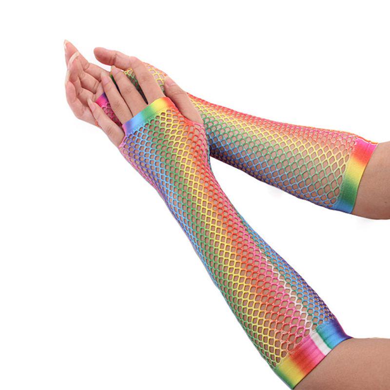 Women Gloves Hollow Out Holes Steampunk Gothic Disco Dance Party Costume Fingerless Rainbow Mesh Long Fishnet Mittens