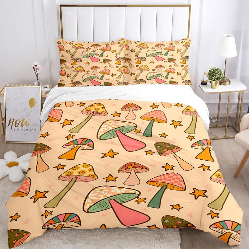 3pcs Mushroom Star Bedding Set, Includes Without Pillow Inserts, Soft Comfortable Bedding Set,All-Season Use A0924031