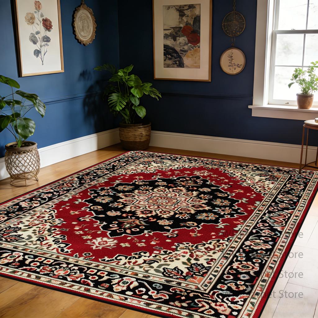 Retro Red Living Room Carpet Flower Pattern Decoration Large Area Soft Rug Bedroom Dining Room Washable Non-slip Mat Pile Fabric