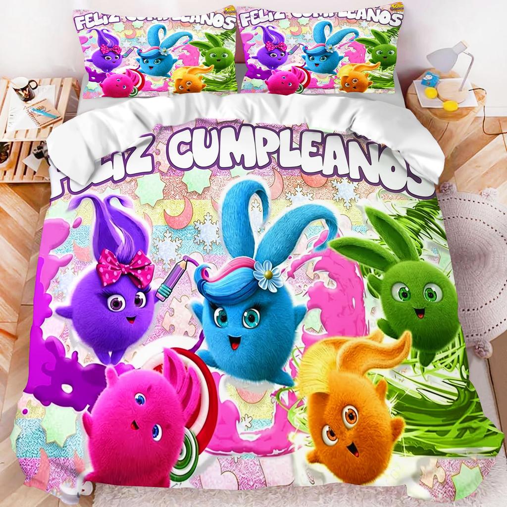 Sunny Bunnies Bedding Set Happy Birthday Cartoon Duvet Cover Kids Bedroom Decor Bed Linen Quilt Cover Pillowcase No Comforter