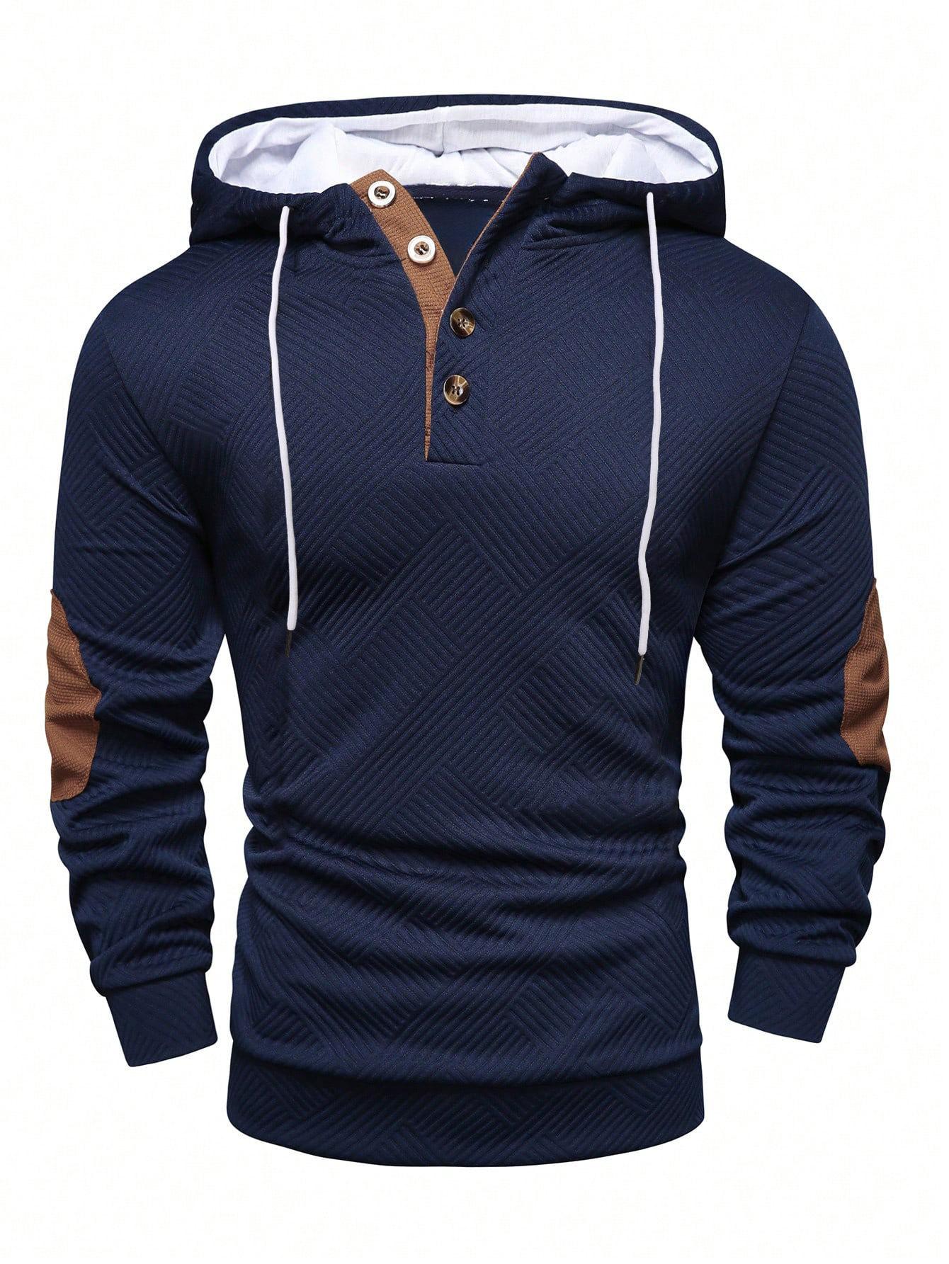 

Autumn and Winter New European and American Men s Solid Color Jacquard Hooded Sweater Loose Sports Casual Top Jacket S темно-синий