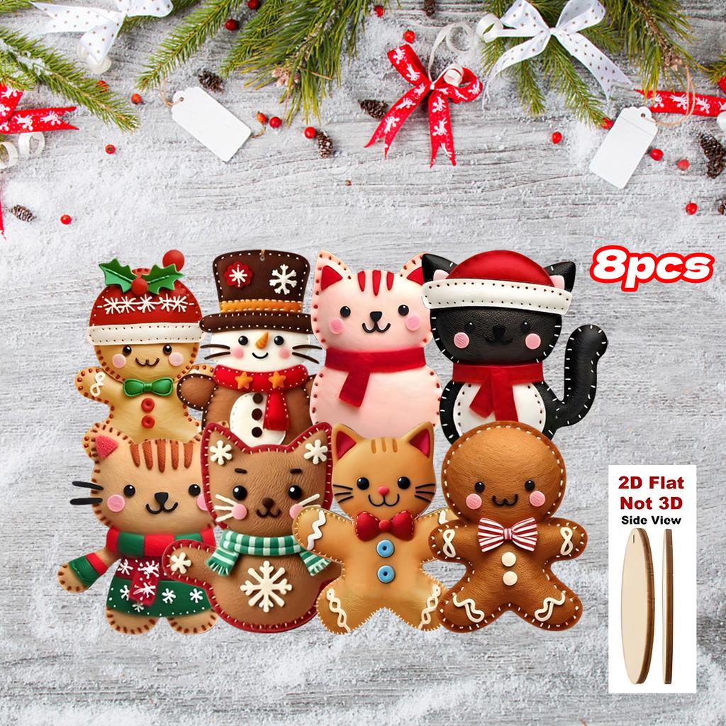 8pcs 2D Flat Gingerbread Cat Tree Toppers -Christmas Ornaments with Hanging Loop Artificial Wood Holiday Decoratio for Xmas Tree