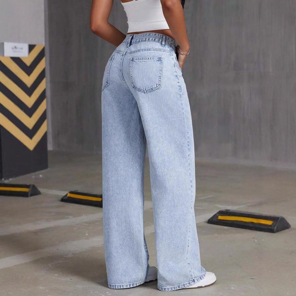 2025 Women's Light Blue Wide-Leg Washed Jeans