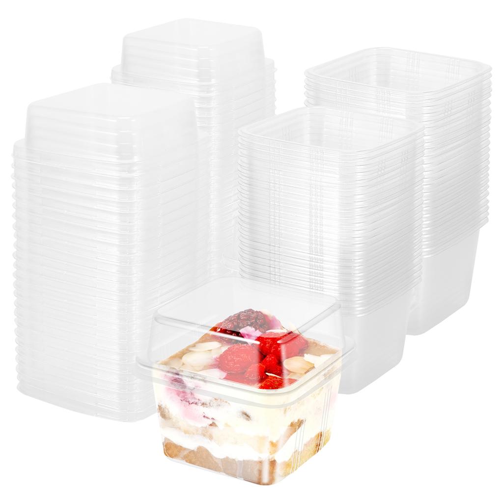 100PcsMultipurpose Dessert Cups with Lids 8oz Reusable Cupcake Container Clear Square Single Dessert Box Sealed Cake Storage Box