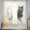 Schwarz-weißes Pferd, Aquarellmalerei, Tüll, transparente Fenstervorhänge für Wohnzimmer, Küche, Kinderschlafzimmer, Voile-Hängevorhang