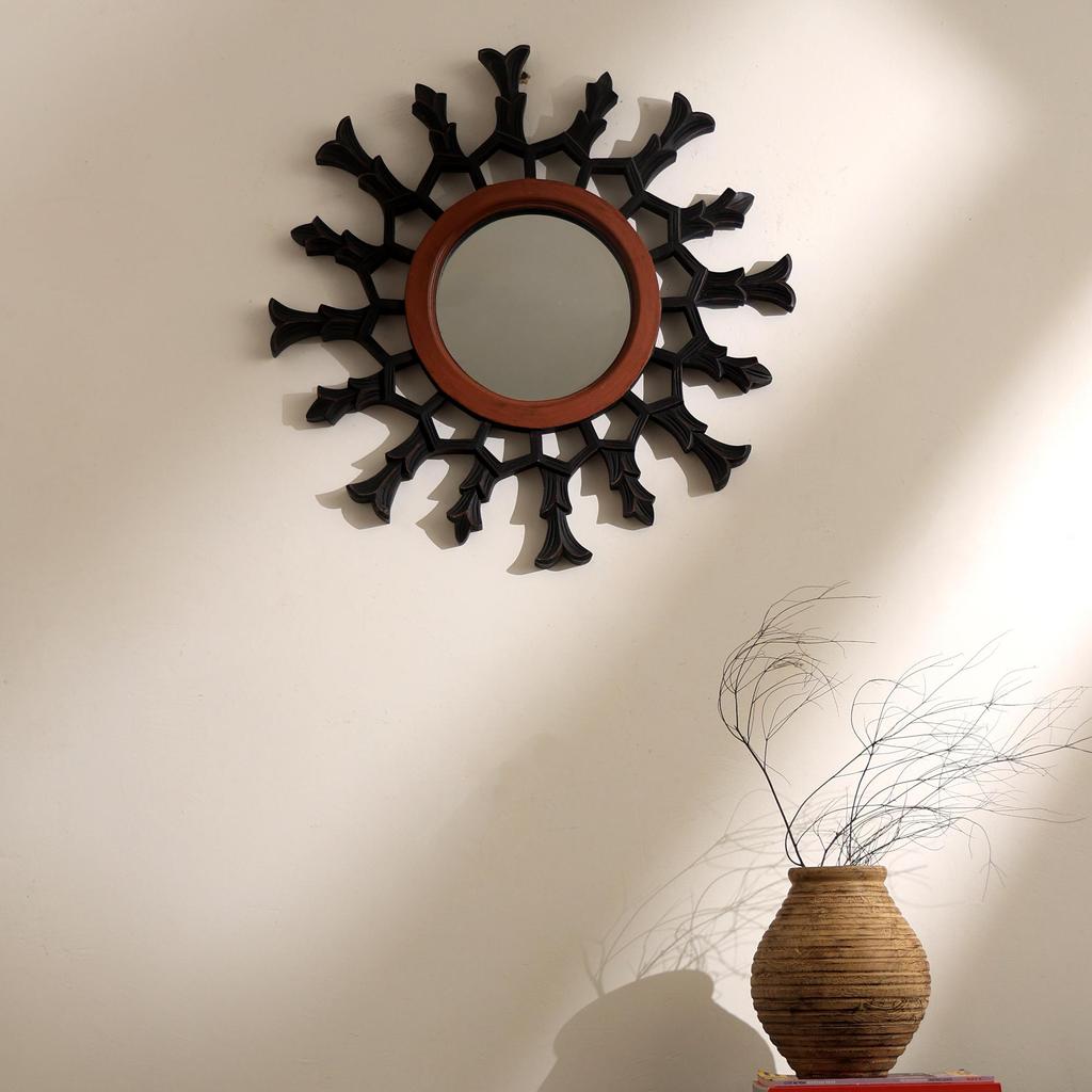 Hand-Carved Metallic Wooden Sunburst Wall Mirror - Decorative Statement Mirror for Living Room - Golden