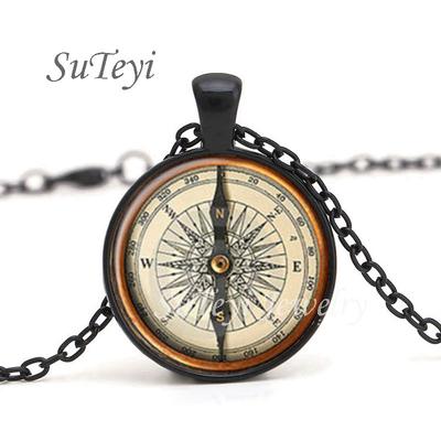 Vintage Round Glass Cabochon Jewelry Steampunk Compass Pendant Necklace For Men Women