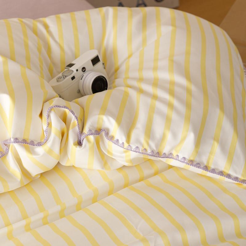 Yellow Stripe Bedding Set Protein Durable Washed Cotton Block Shell Embroidery Comforter Warm Cover Full Size with Pillowcases