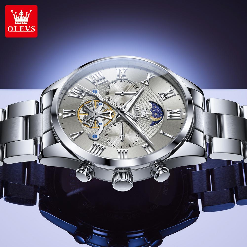 OLEVS 3640   Luxury   Moon Phase Stainless Steel Roman Waterproof  Style Quartz Watch for Man
