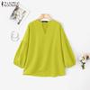 ZANZEA Women Casual V-Neck Solid Color Loose 3/4 Sleeve Blouse