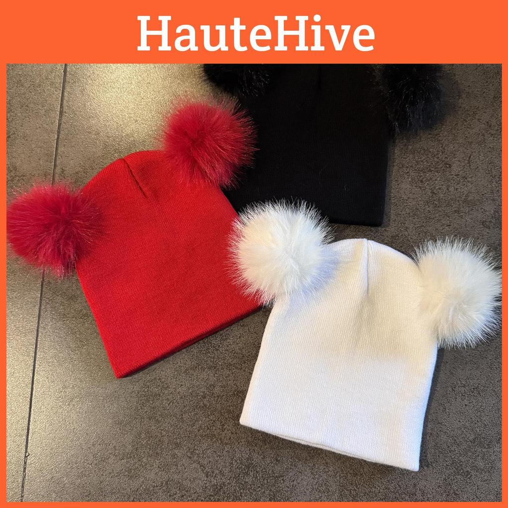 Solid Double Color Ball Knitted Cap Beanie With No Brim For Winter Daily Use