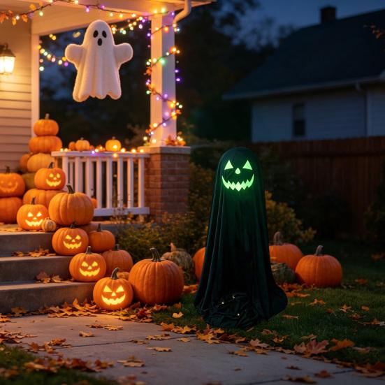 Halloween Ghost Decoration for Outdoor, Large Light Up Standing Ghost, Adjustable Spooky Black Ghost Decor for Porch, Yard Lawn