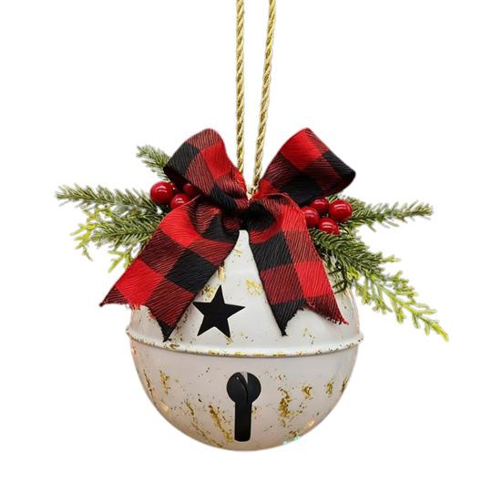 Christmas Bells Ornament Rustic Christmas Jingle Bell with Pine Needles Red Berries And Plaid Bow for DIY Holiday Door Window Tree Wreath Garland