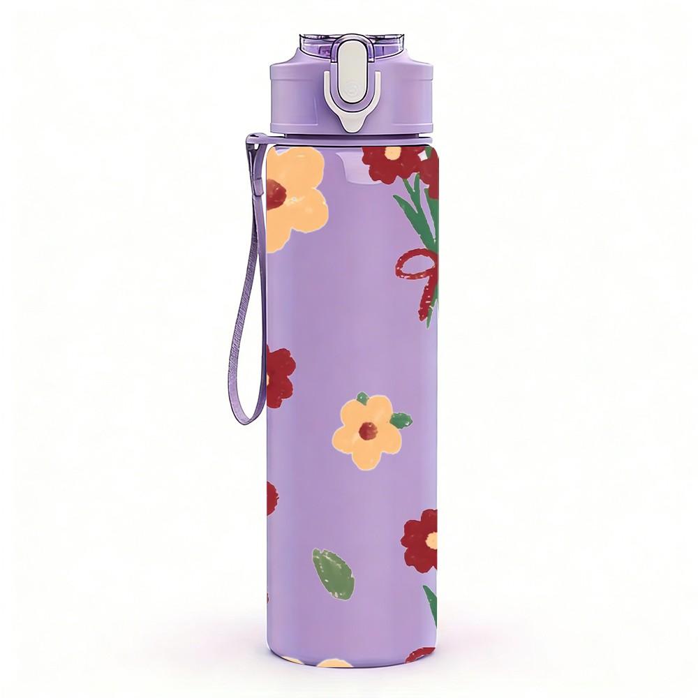 1PC Red Bouquet Flower Bow Decoration 750ml Color Plastic Sports Water Bottle Leakproof Flip Straw Lid Suitable for Sports Office Home Use