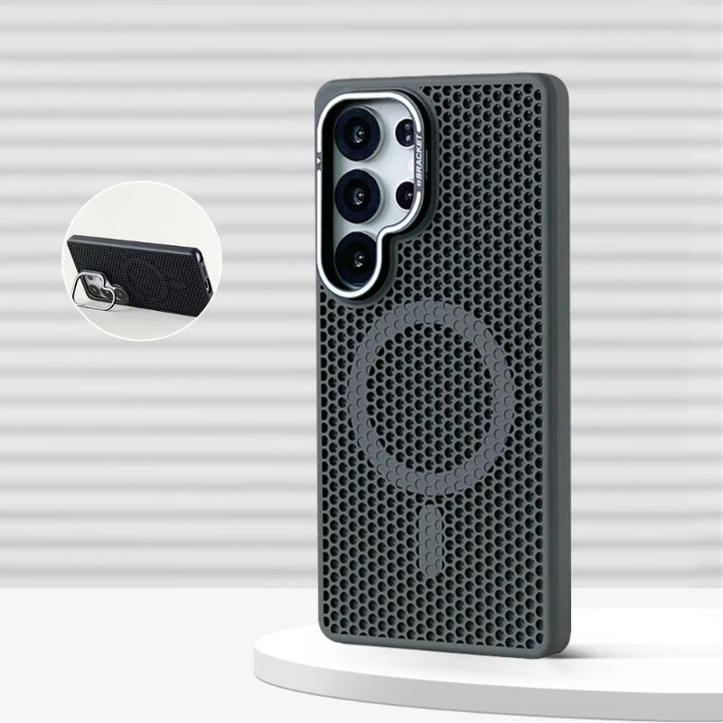 Coque Magnétique Bumper Refroidissante en Maille Nid d'Abeille pour Samsung Galaxy S2 Ultra S24 S23 Plus Support d'Objectif en Alliage Couvercle de Chargement Sans Fil