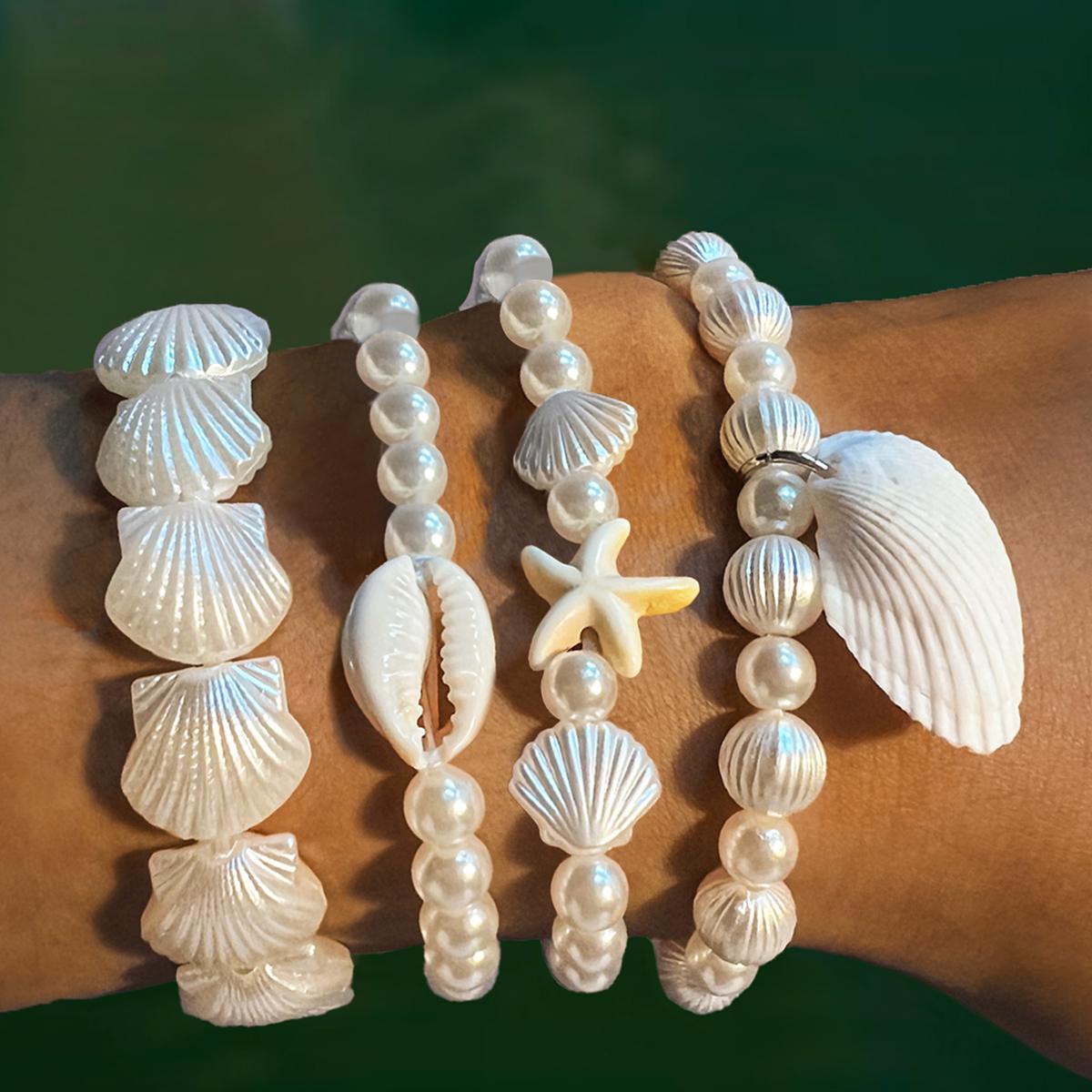 

4-piece Bohemian style multi piece stacked shell imitation pearl bracelet suitable for daily wear, vacation gifts, summer