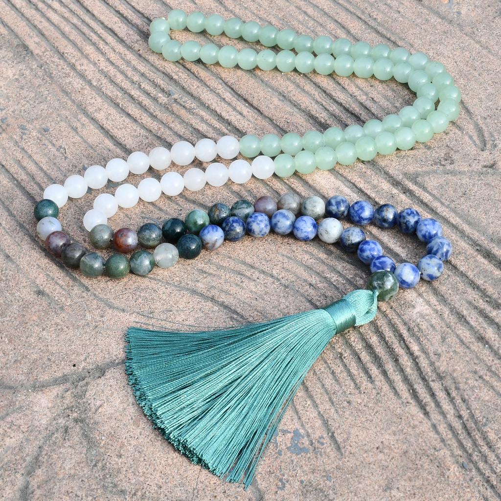 108 Mala Beads Tassel Pendant Long Necklace Women's Bohemian Green Aventurine Indian Agate Blue Dot Stone Handmade Zircon