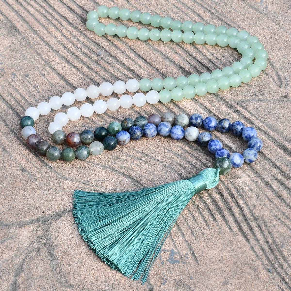 Lucky Star Jewelry Women's Multicolour 108 Mala Beads Tassel Pendant Long Necklace Bohemian Green Aventurine Indian Agate Blue Dot Stone Handmade Zircon