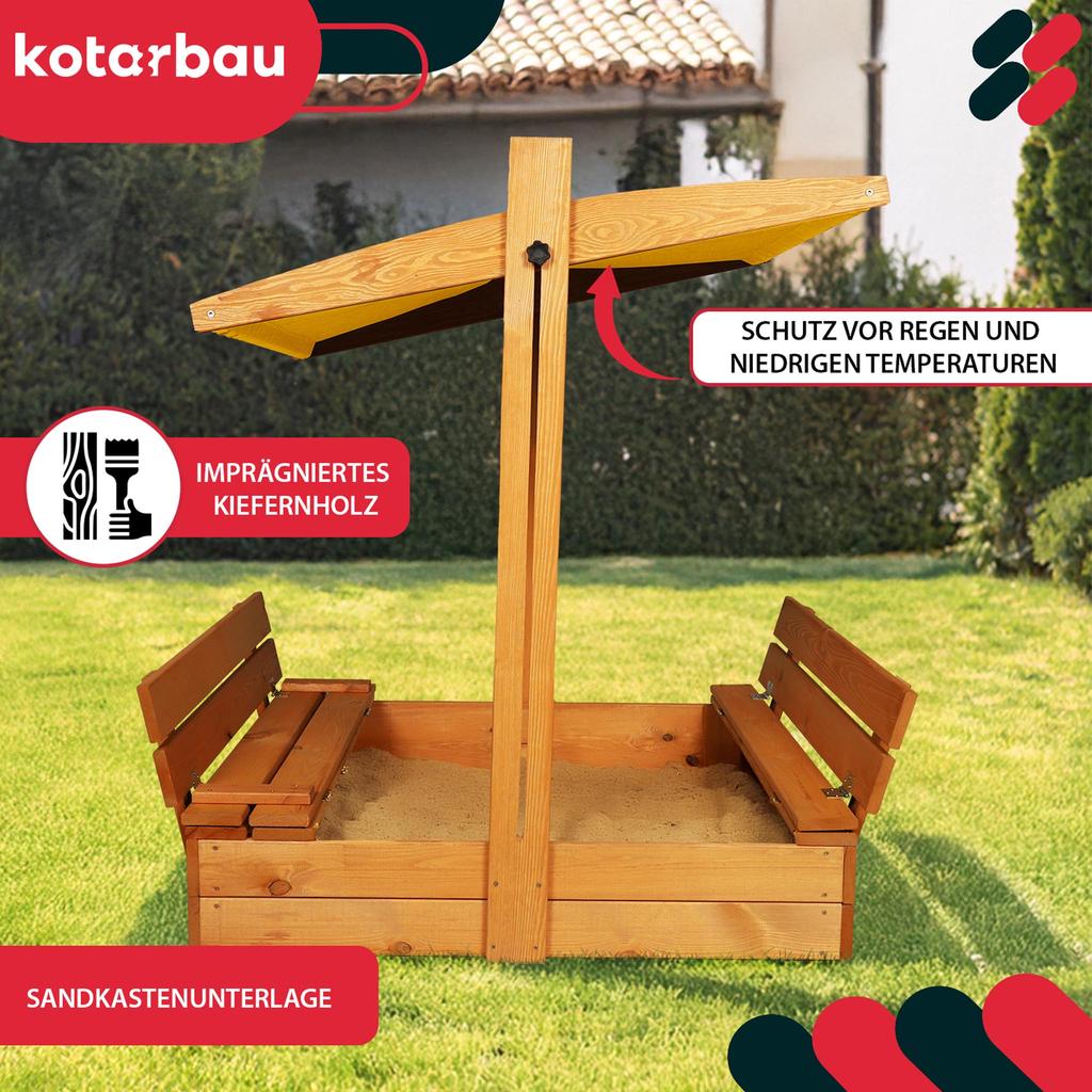KOTARBAU® Large Wooden Sandbox with Yellow Roof, Impregnated, Closed, with Benches, Brown, 100 X 100 CM