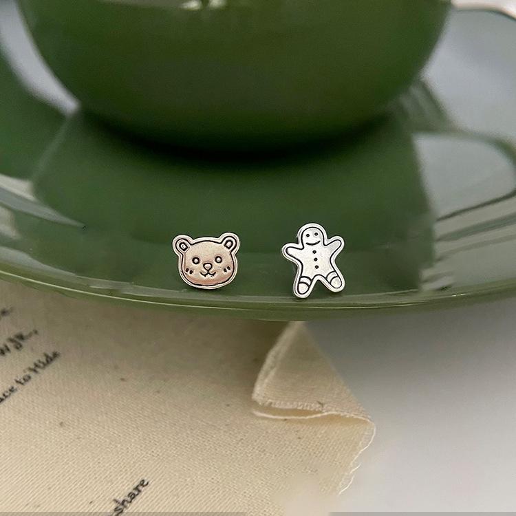 S925 Silver Cute Gingerbread Man & Bear Stud Earrings - Versatile Christmas Gift for Women