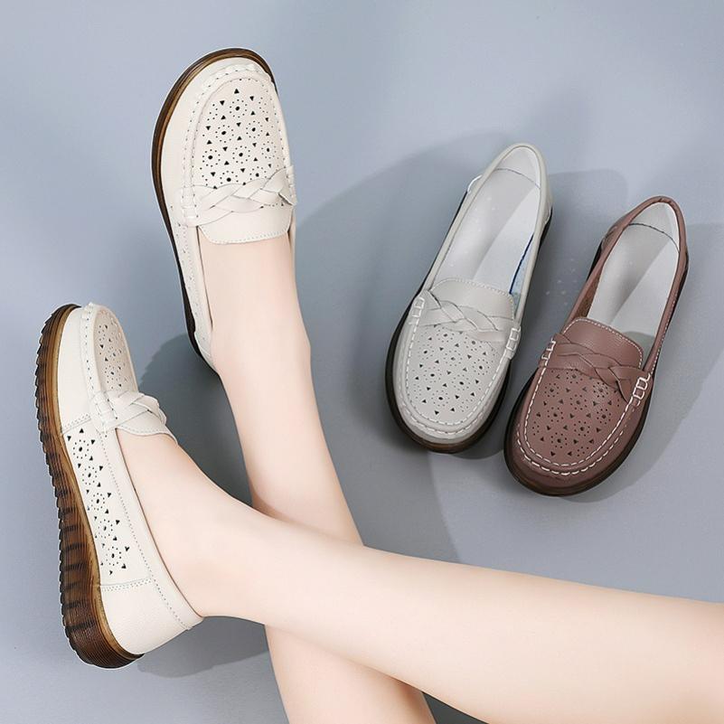 Summer Leather Hollow Women's Shoes, Non-slip Soft-soled Women's Pea Shoes, Four Seasons Lazy Shoes, Leather Shoes, Women's PU
