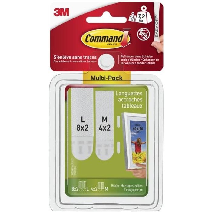 3M Languettes fixation tableau assortiment - Blanc - 18MM + 16GM