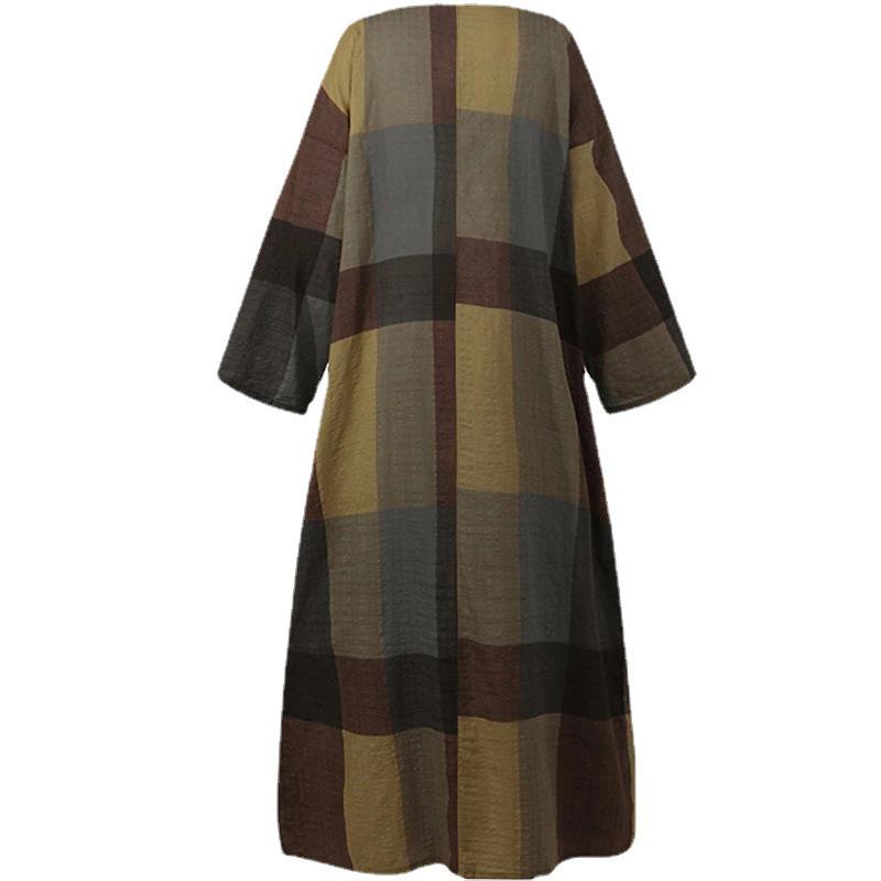 2025 Retro Ethnisches Baumwollleinen Langarmkleid mit Weitem Rock