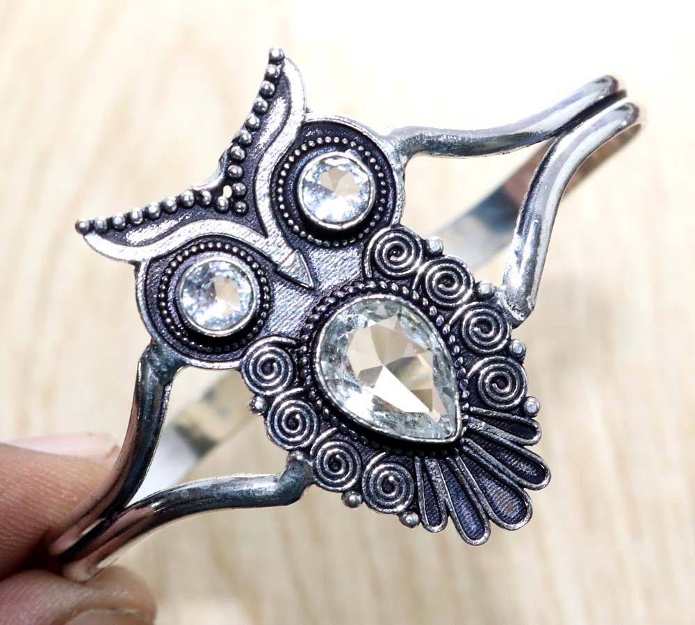 Owl White Topaz 925 Silver Plated Bangle 7" Under 10 Dollar Gift Trendy Y5J15