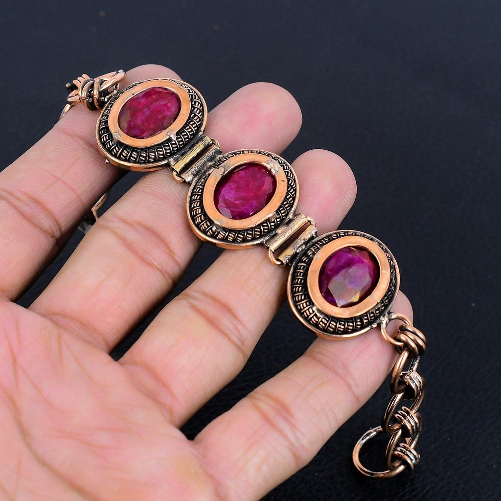 Ruby Bracelet, 999 Copper Wire Wrapped Jewelry, Gemstone Bracelet Whit Adjustable Chain Gift For Her, Handmade Dainty Jewelry