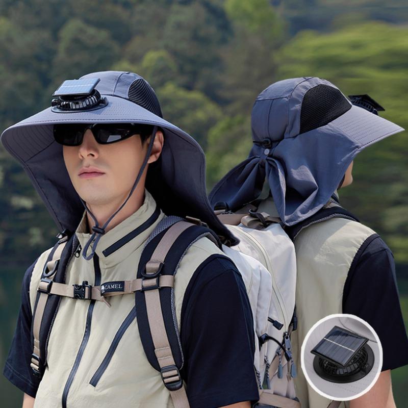 Solar Fan Hat with Neck Cover Wide Brim Sun Hat UV Protection Outdoor Fishing Hat Hiking Travel Hollow Mesh Summer Cooling Breathable Sun Cap