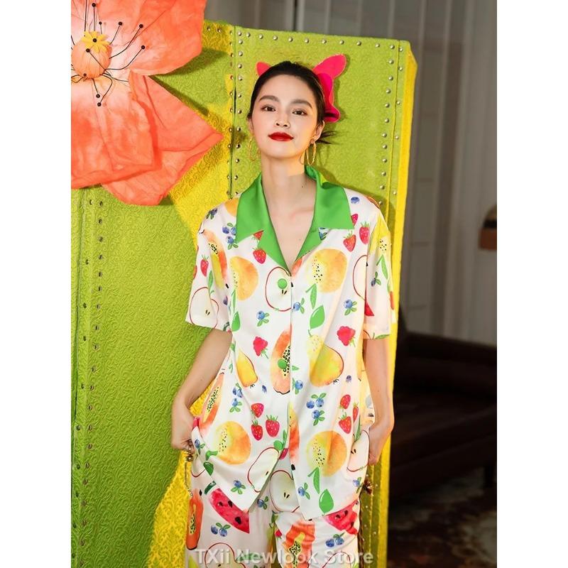 Summer Sensual Ice Silk Short-sleeved Shorts Printed Pajamas Home Wear Set + Long-sleeved Set
