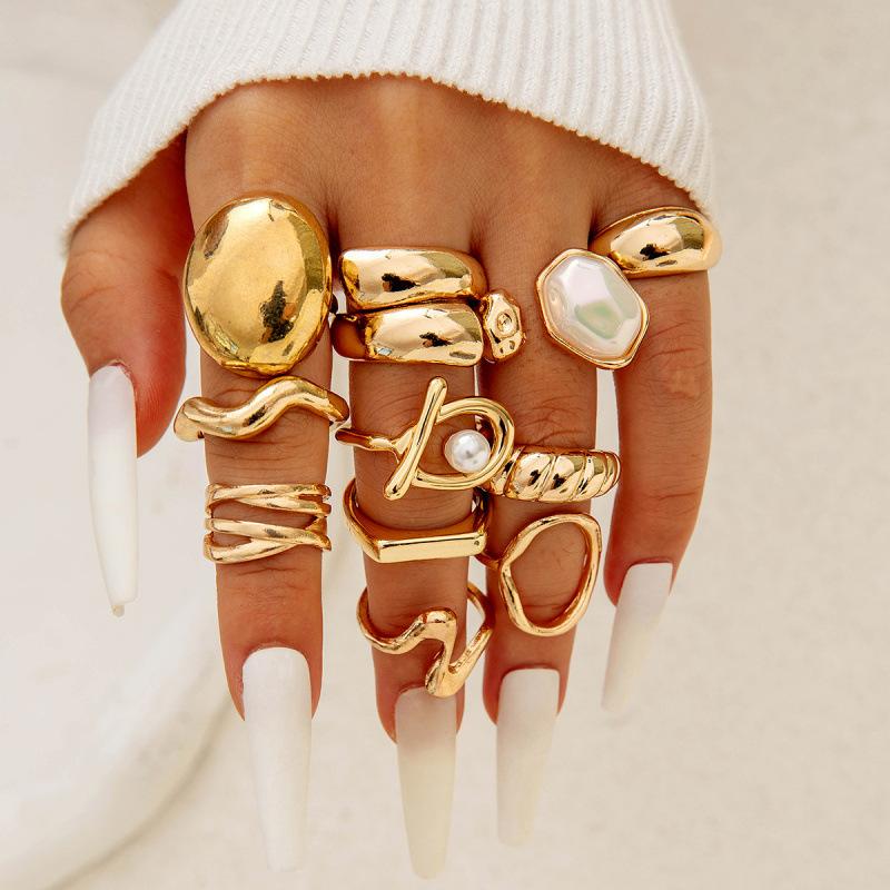 Accessories, versatile stacked wind special-shaped pearl ring, irregular dripping flower ring set