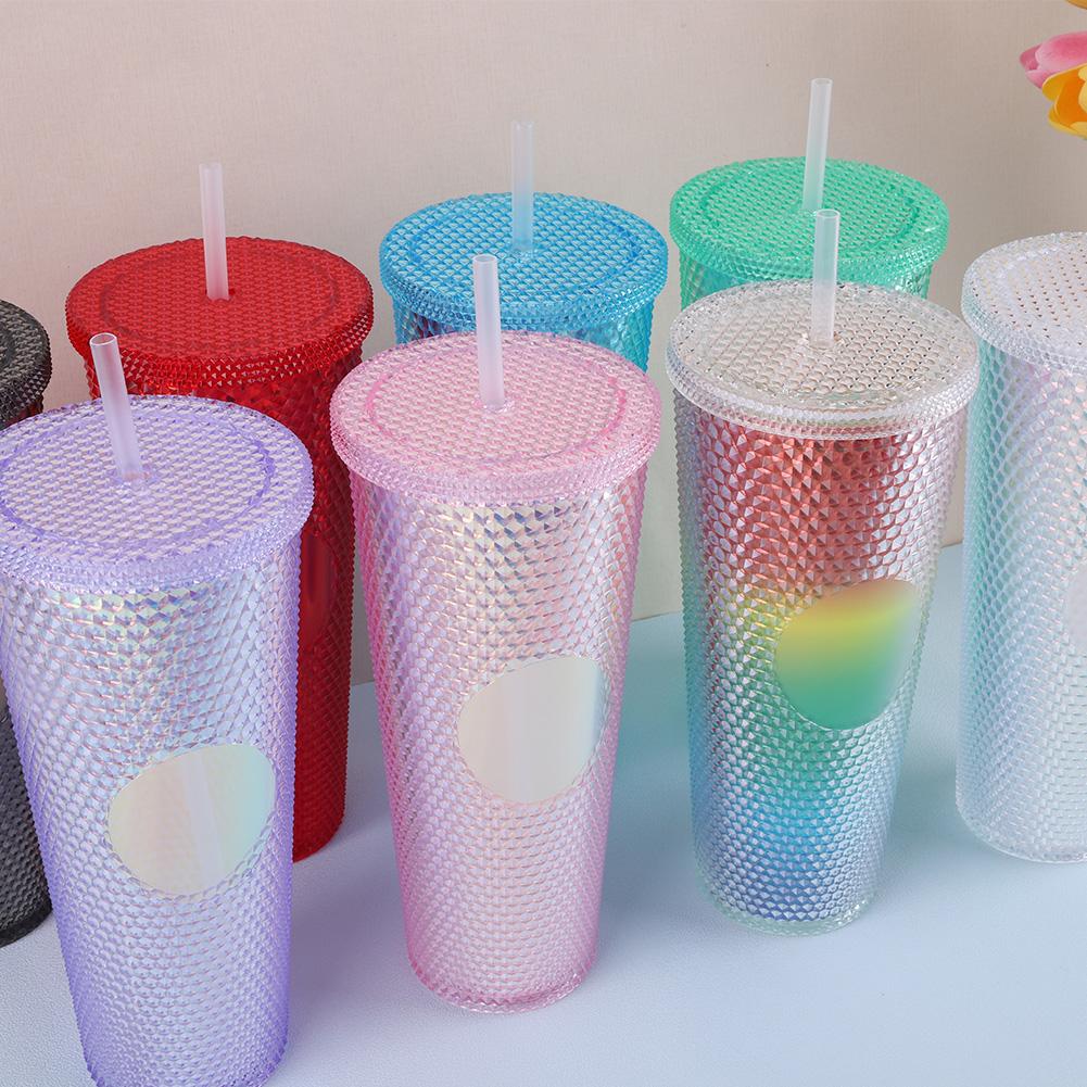 710ml Polymer Straw Cup Rhinestone Rivet Cup Double-Walled Water Tumbler Large Capacity Travel Mug Designed For Home and Outside High Quality
