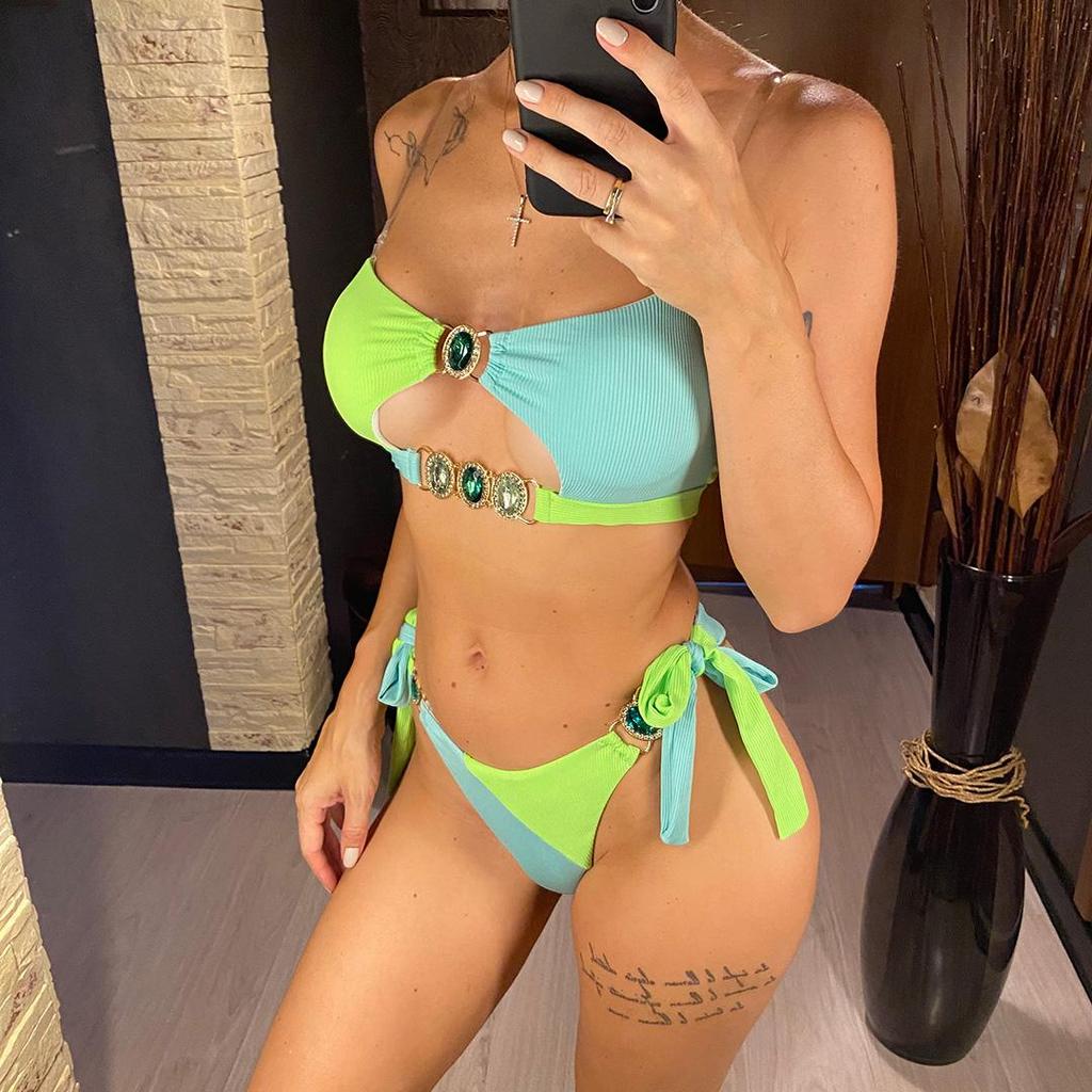 Diament Rhinestone łączenie Bandeau Bikini damski strój kąpielowy kobiety stroje kąpielowe dwuczęściowy zestaw Bikini kąpiel strój kąpielowy pływać