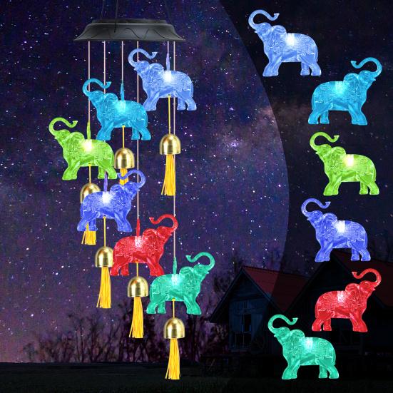 Solar Elephant Wind Chime Waterproof LED Color Changing Mobile Light Outdoor Decor for Garden Patio Courtyard