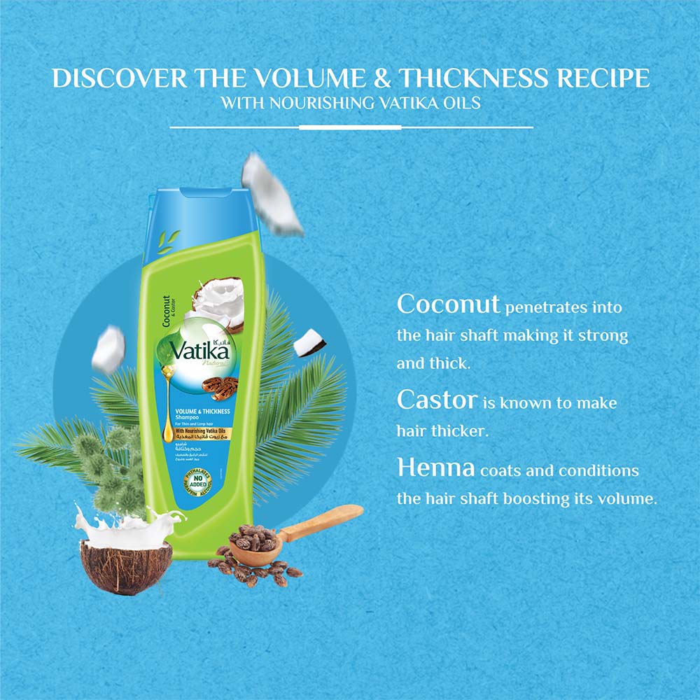 Shampoo Voluminous and Thick Hair with Coconut, Castor Oil and Henna, 400 ml Dabur Vatika