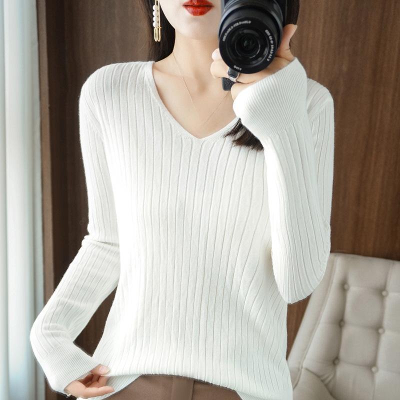 Herbst/Winter V-Ausschnitt Pullover Damen Gestreift Einfarbig Basis Pullover Koreanischer Slim Hoodie Innen Set Damen Warm Lässig Strickpullover