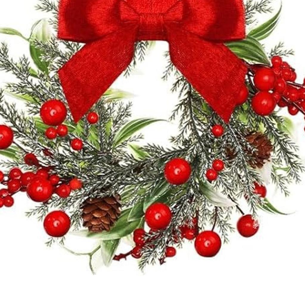 7 Inch Christmas Door Wreath with Bow Ribbon Red Berry Christmas Cabinet Wreath for Door Windows Wall Outdoor Xmas Decoration