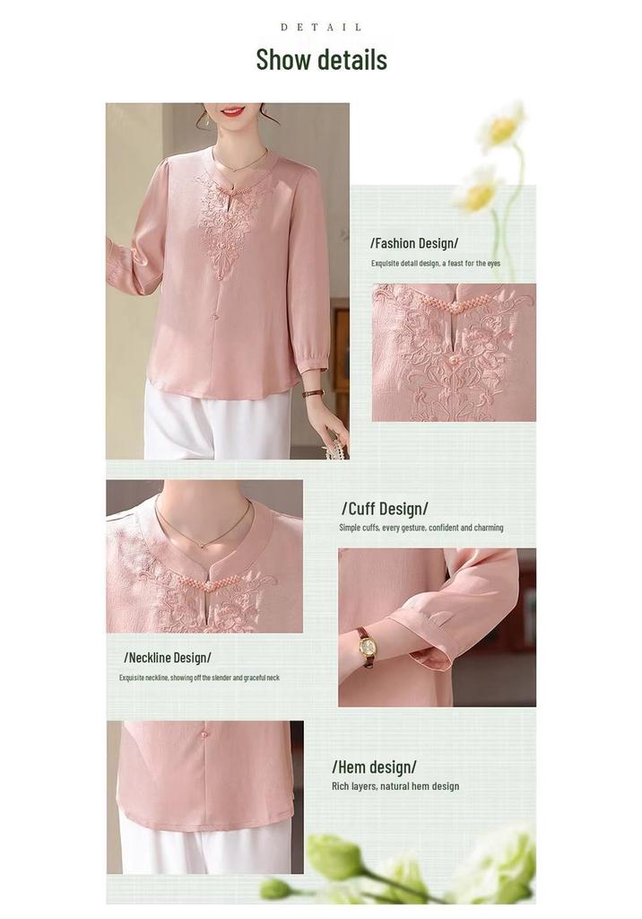 Mom's Spring Style: New 2026 Chinese-Inspired Blouse for Middle-Aged & Elderly Women - Round Neck, Thin Fabric